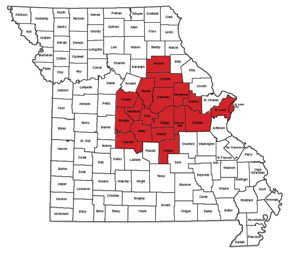 Map of Missouri with the counties B&H Well Drilling serves shaded in red across the centre of the state
